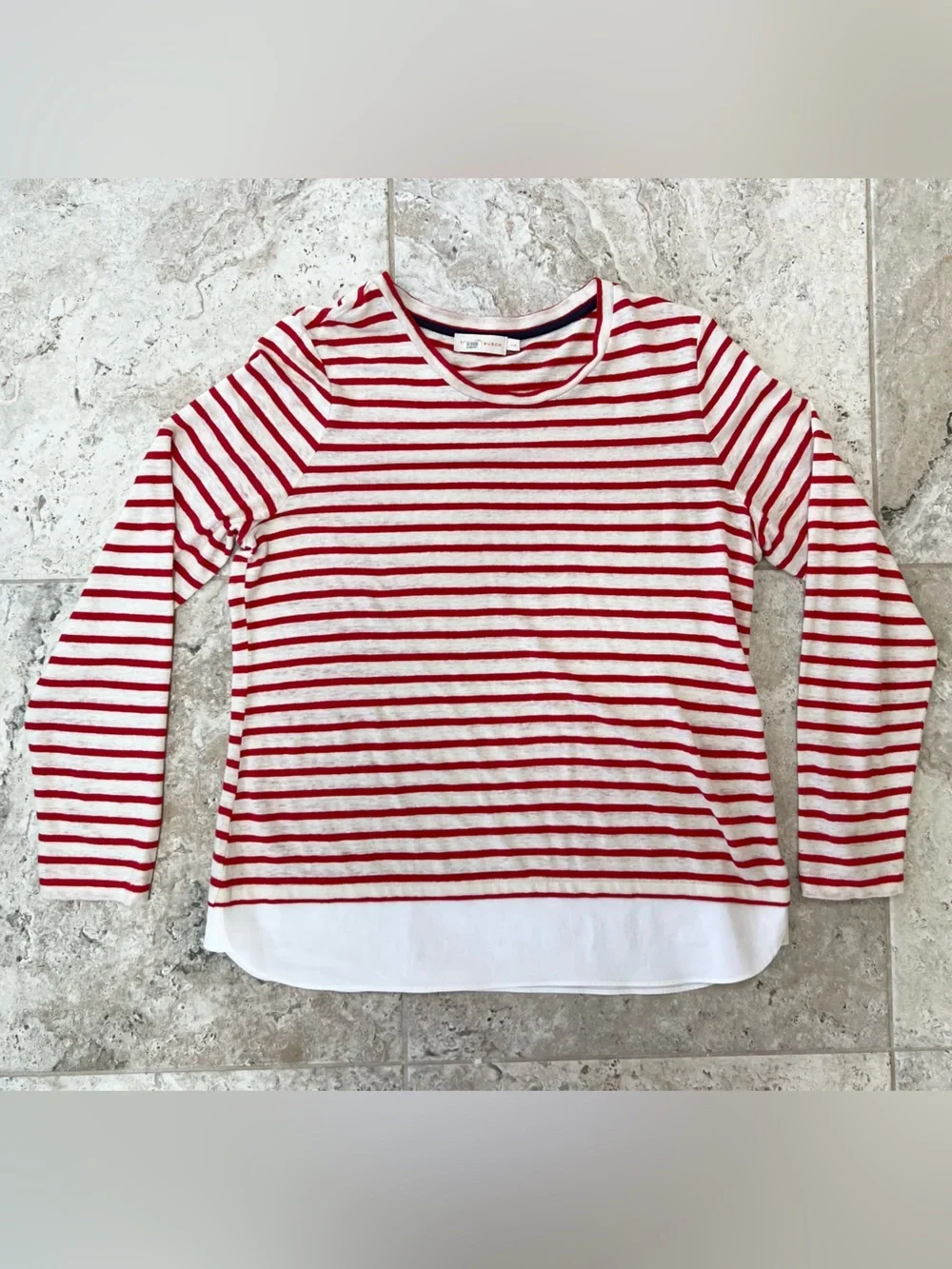 Tory Burch Res Striped Linen Jersey Long Sleeved Crew Neck Pullover, size Large